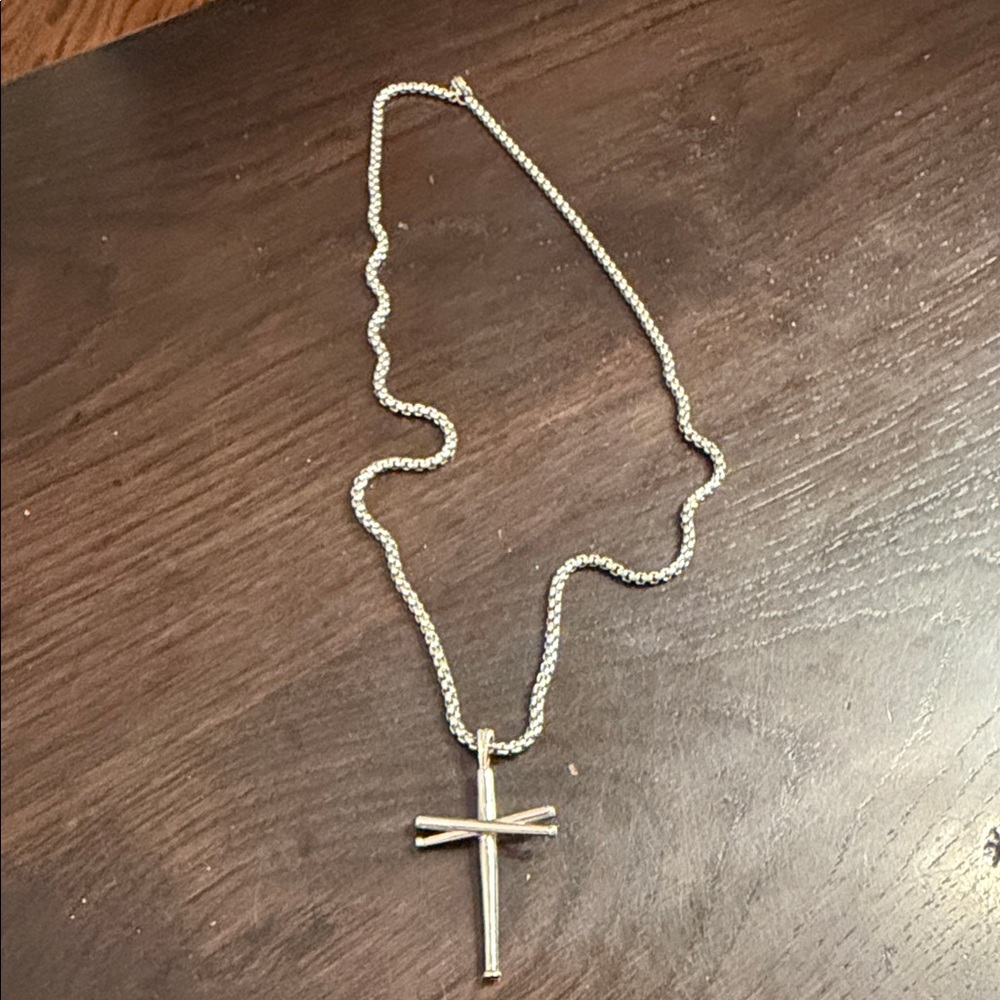 Stainless steel  Silver Cross with baseball motif Pendant Necklace - Silver